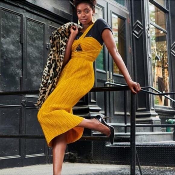 Alice McCall Dress Power Lady Pleated One Shoulder Midi in Sunset Yellow Size 4 - Picture 2 of 14